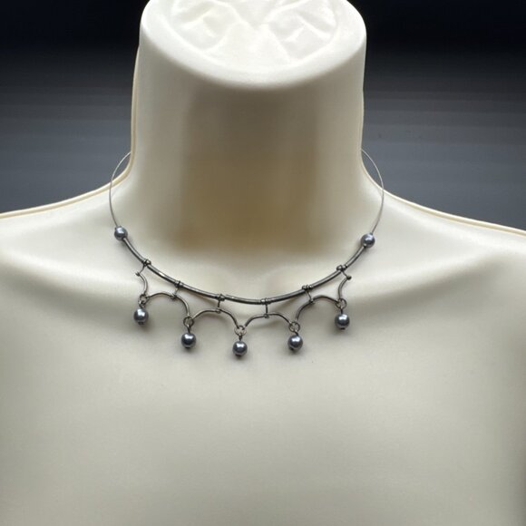 Silver Tone Modern Drop Choker Necklace with Grey Beads - Picture 2 of 3
